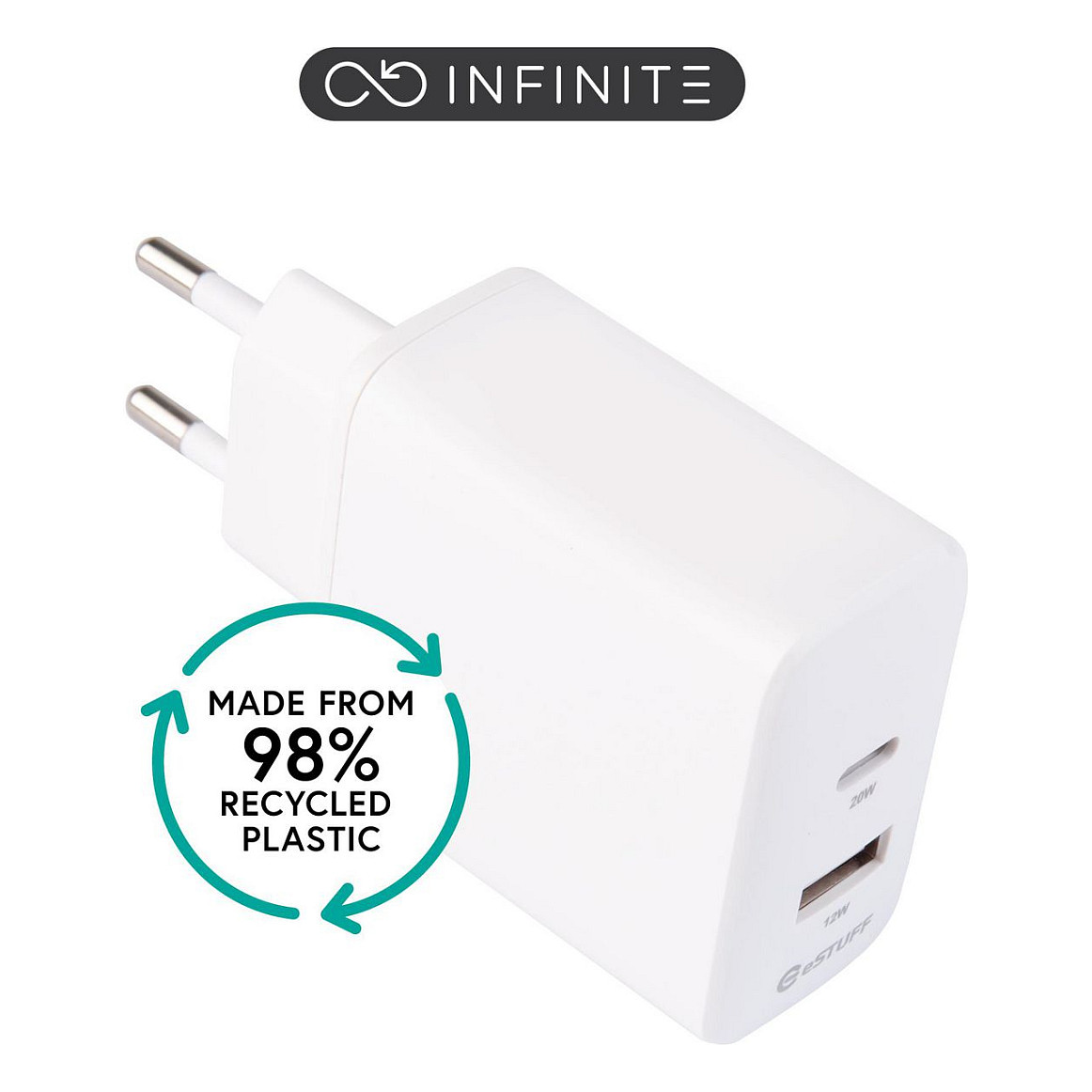 N INFINITE USB Charger EU 1 x USB-C PD 20W. 1 x USB-A 12W.