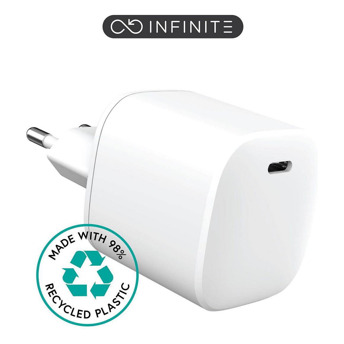 eStuff INFINITE Netzteil GaN, 100 % recycelter Kunststoff 45 Watt 3 A Apple Fast Charge, PD 3,0, QC 3.0 (24 pin USBC) wei (ES637045)
