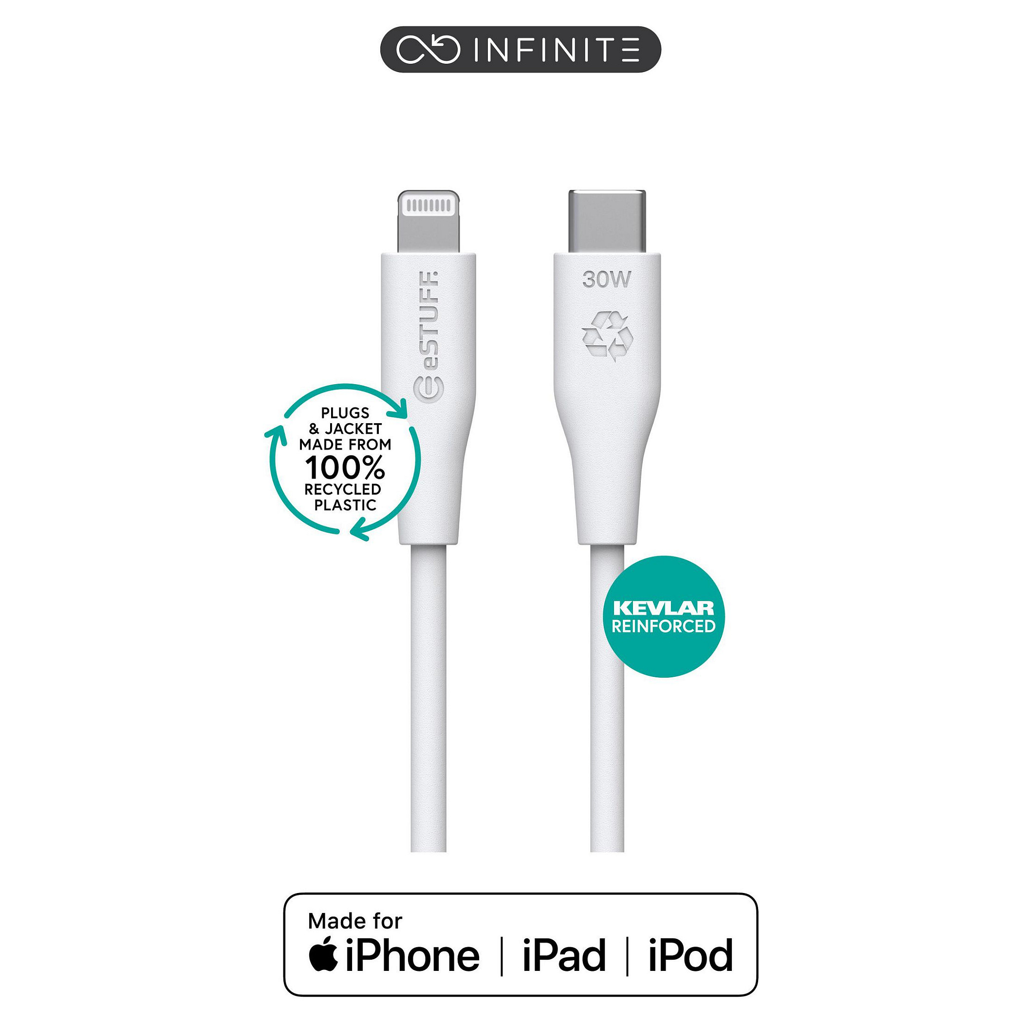 eStuff INFINITE USBC to Lightning Cable MFI 2m White. Recycled