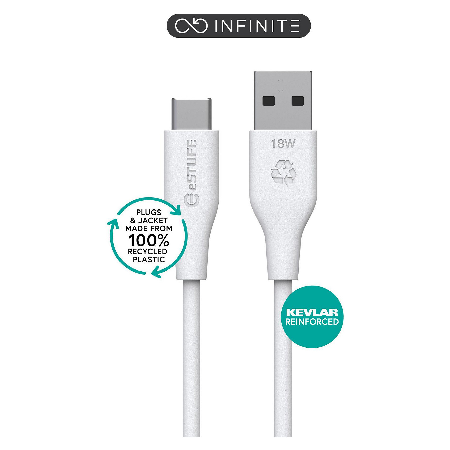 eStuff INFINITE USBC to USBA Cable 1m White. Recycled Plastic.