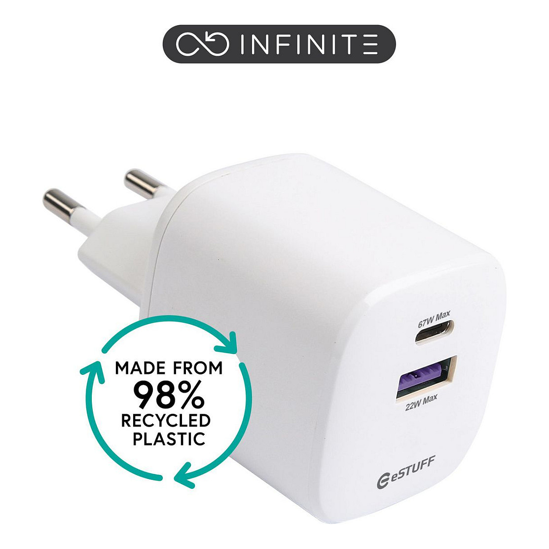 eStuff INFINITE USBC Charger EU PD 67W GaN. 1x USBC 1 X