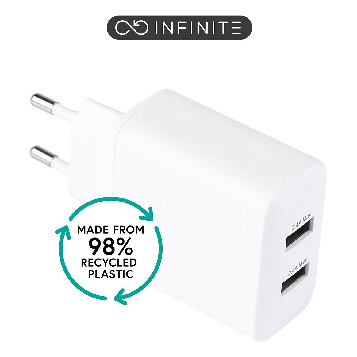 eStuff INFINITE (GRS) USBA Charger EU 24W. 2 X USBA. White. 98