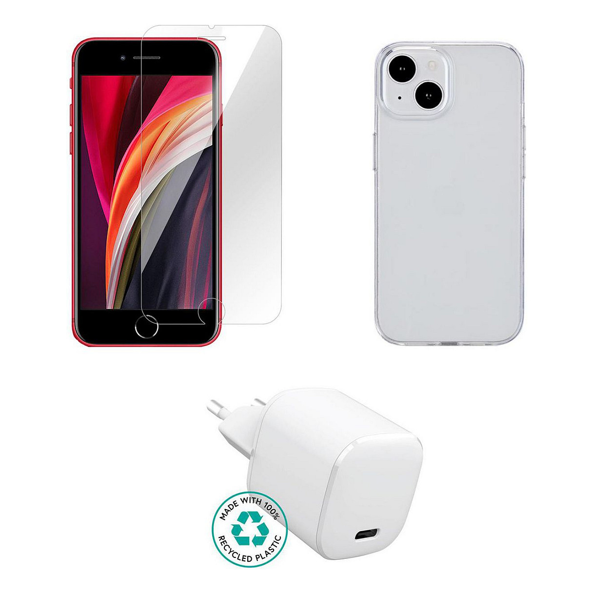 eStuff Kit for iPhone SE (2022). Charger, Cover, Glass. Brown
