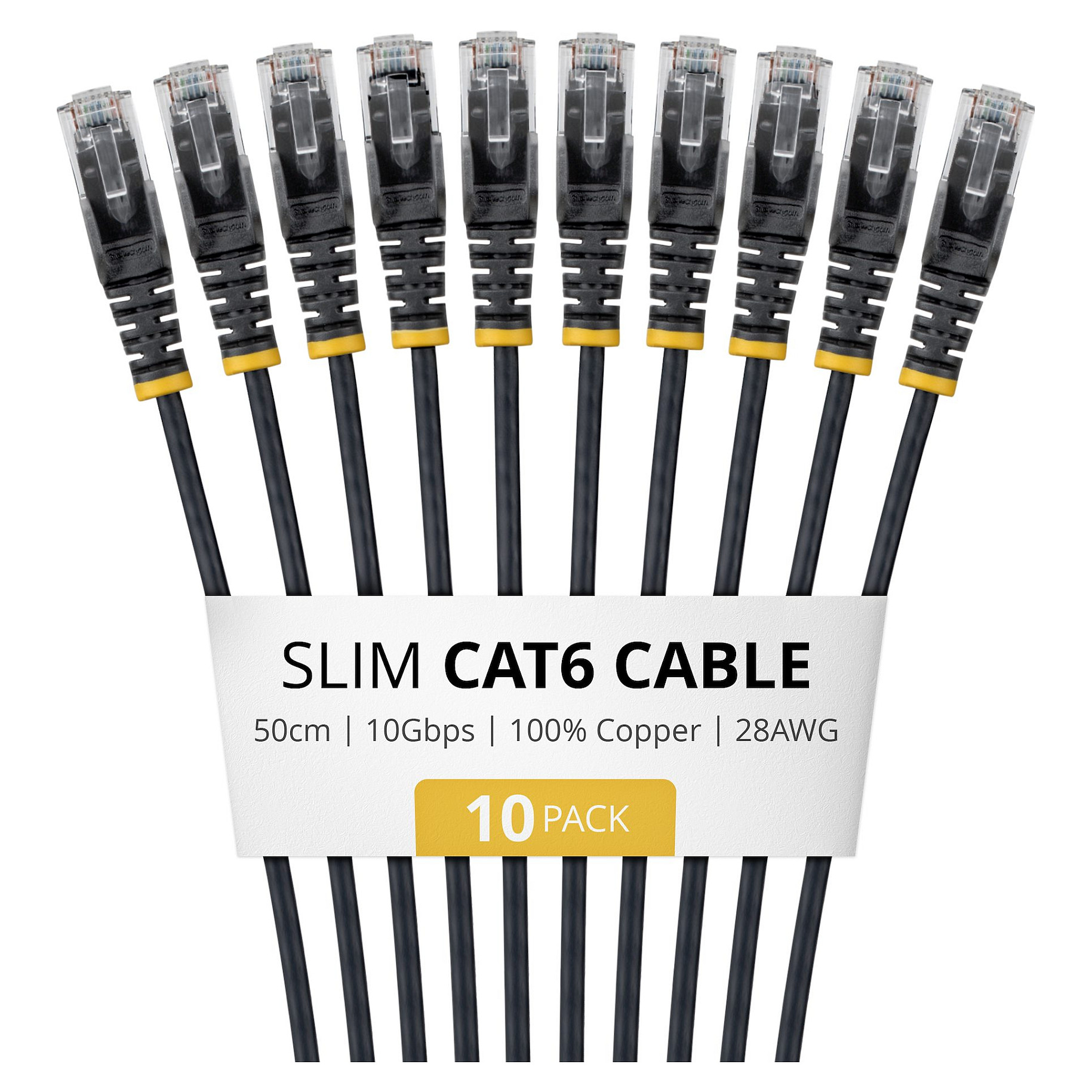 STARTECH.COM 50cm Black Slim CAT6 Cable 10 Pack Snagless 100W PoE UTP LSZH 28AWG Pure Bare Copper Wire Slim RJ45 Network Patch Cord