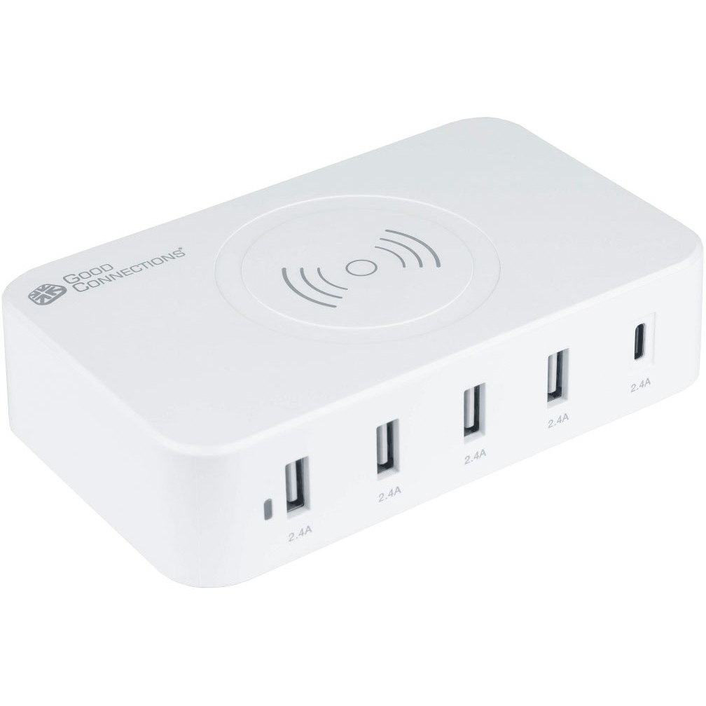 GoodConnections USB Desktop Ladestation 60W 5-Port USB-C/4xUSB-A 10W Qi Wireless Charging Weiß