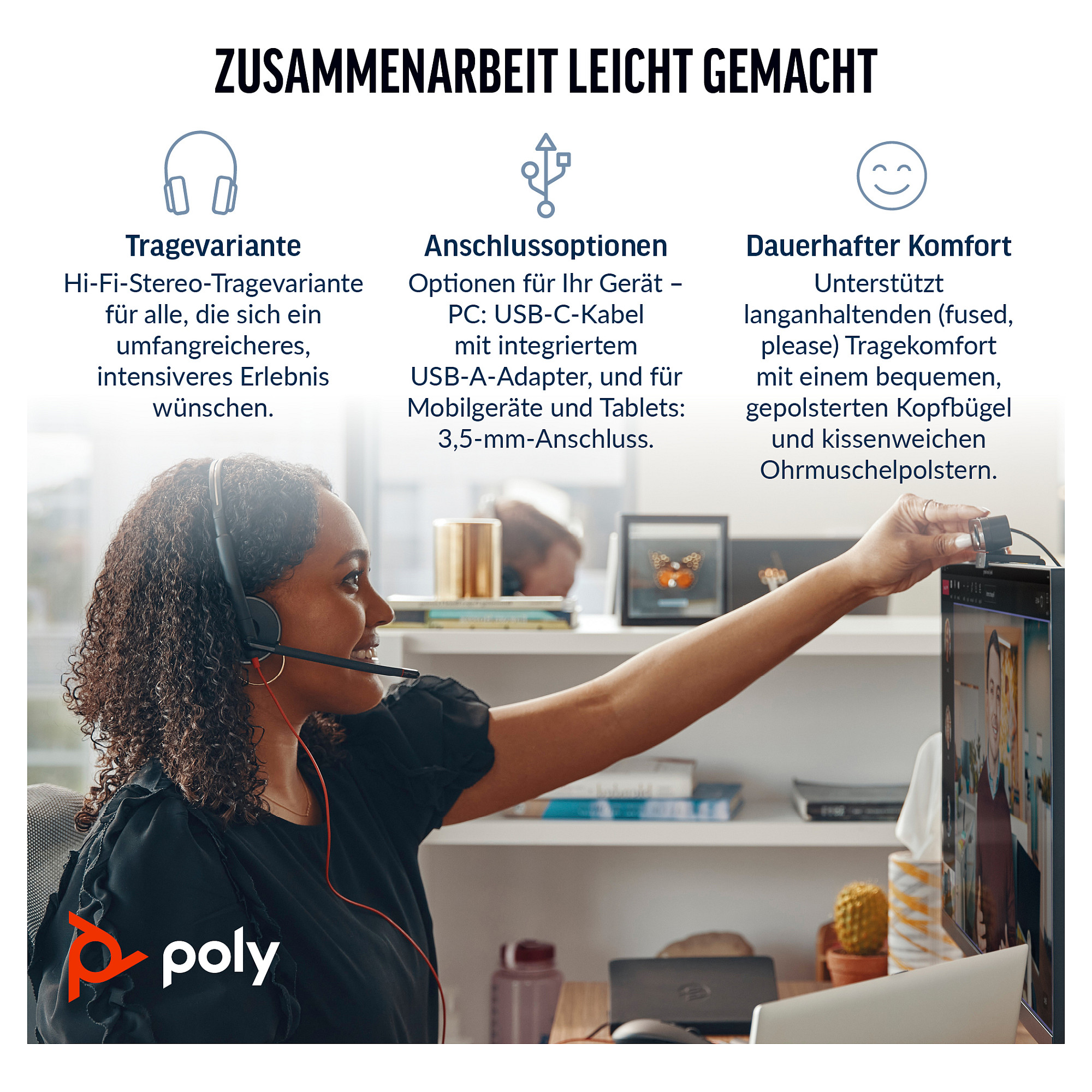 HP Poly Blackwire 3325 Stereo USB-C Headset +3.5mm Plug +USB-C/A Adapter