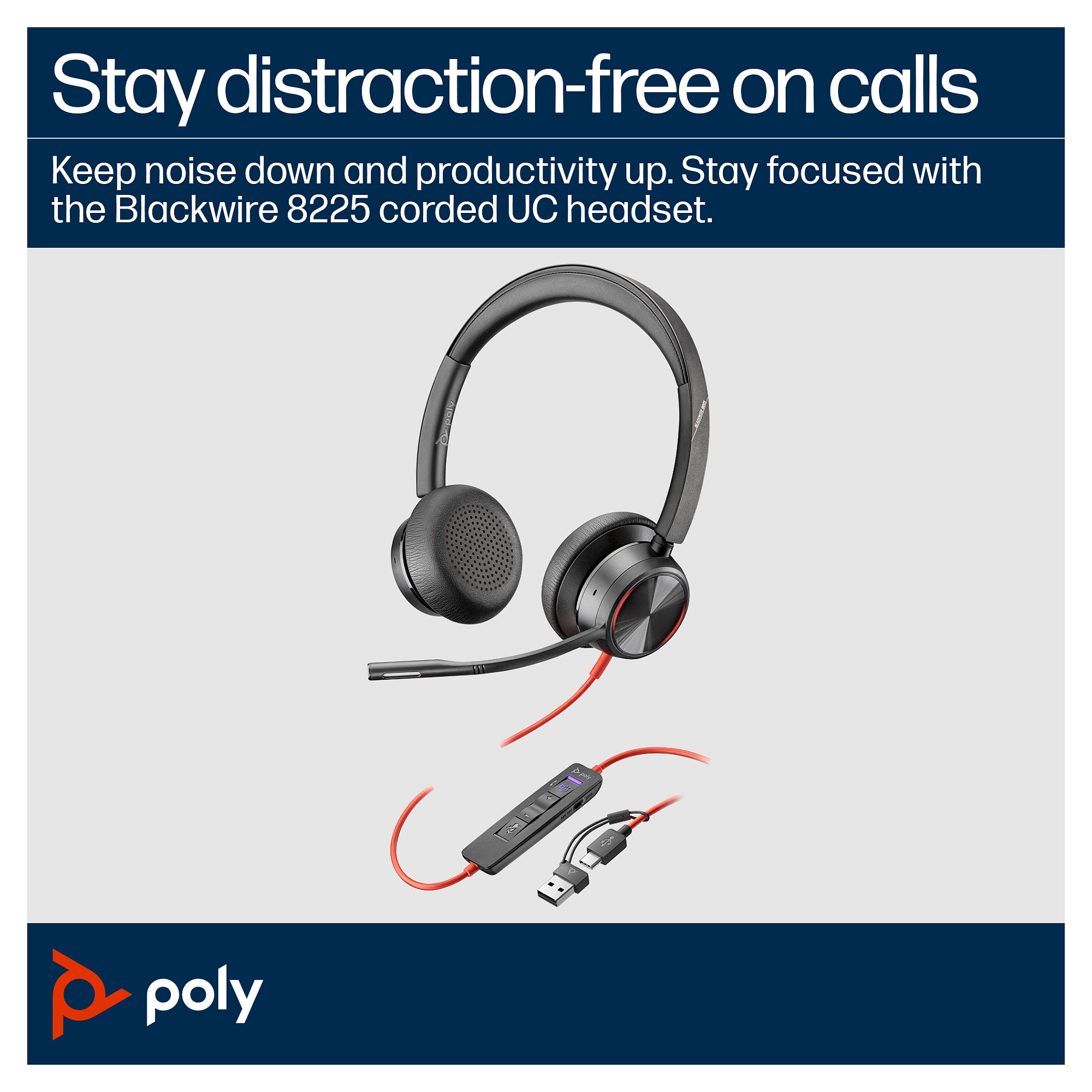 HP Poly Blackwire 8225 Stereo Microsoft Teams Certified USB-C Headset +USB-C/A Adapter