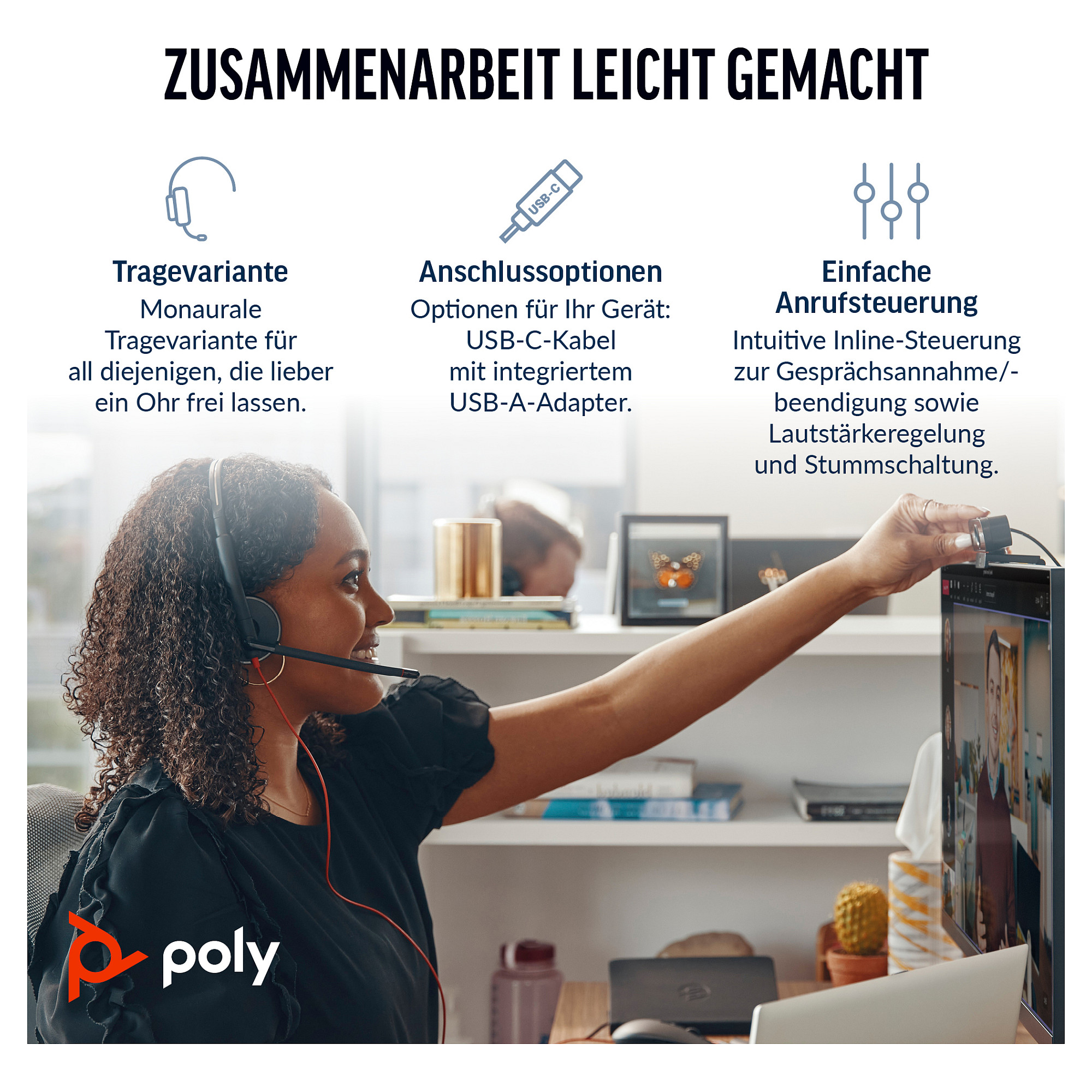 HP Poly Blackwire 3210 Monaural USB-C Headset +USB-C/A Adapter (Bulk)