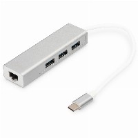 DIGITUS USB Adapter USB3.0/C -> GB Ethernet+3-Port-Hub weiss